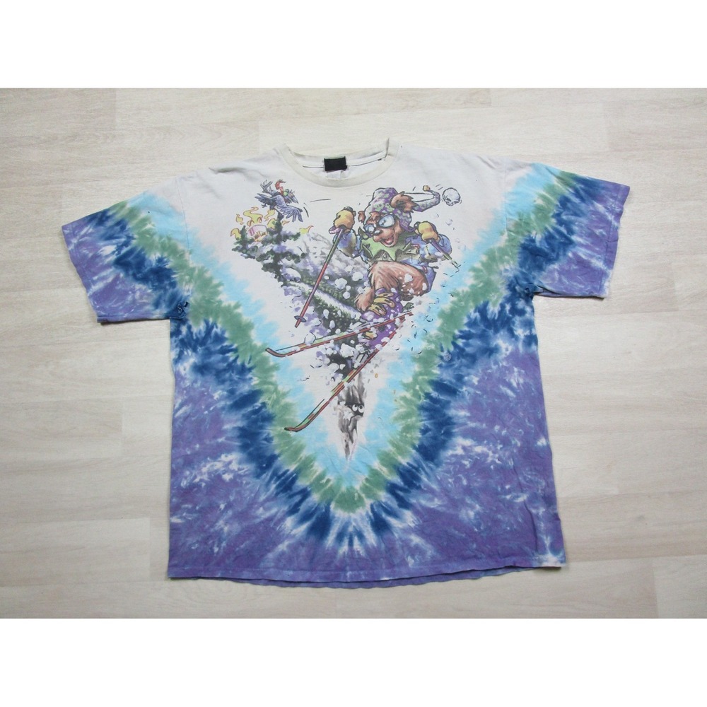 Vintage 1996 Grateful Dead Skiing Bear Liquid Blue Tie Dye Shirt (XL) Distressed